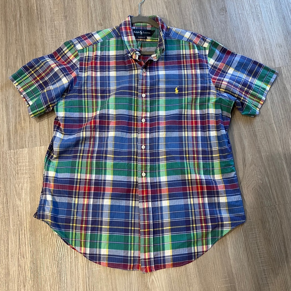 Polo by Ralph Lauren Men's Blue and Green Plaid Shirt